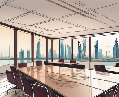 A classroom setting with a view of qatar's skyline in the background