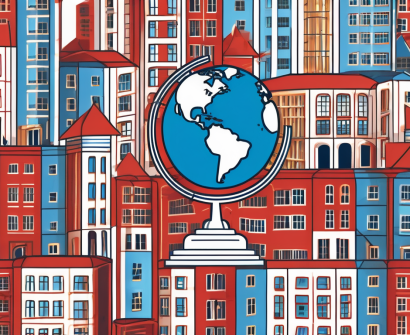 A globe with various school buildings scattered across different countries
