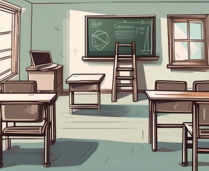 A classroom setting in thailand with a teacher's desk
