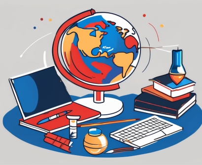 A globe surrounded by various educational tools such as books