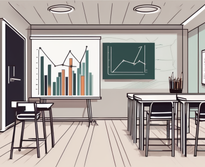 A classroom setting in dubai with a chalkboard displaying a bar chart showing potential savings