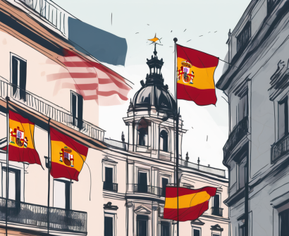 A traditional spanish school building with international flags fluttering around it