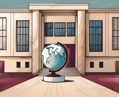 A qatari school building with a globe in the background