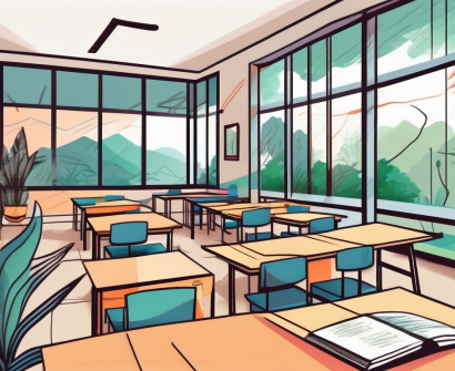 A vibrant malaysian classroom setting with diverse educational materials and exotic local scenery visible through the window