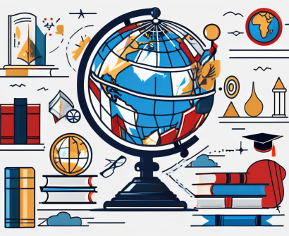 A globe surrounded by various academic symbols like books