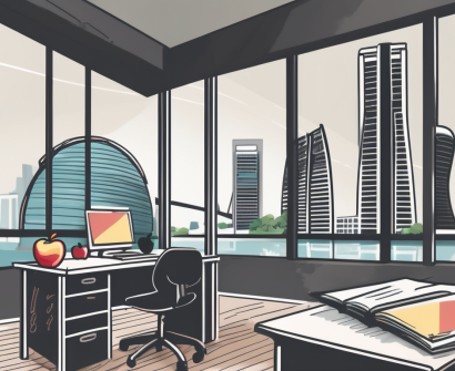 A classroom setting in singapore with the iconic marina bay sands in the background