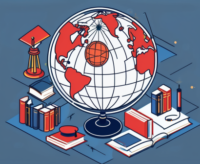 A globe with different educational icons like books