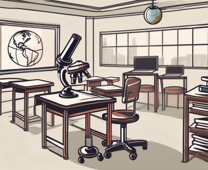 A classroom setting with various educational tools such as books