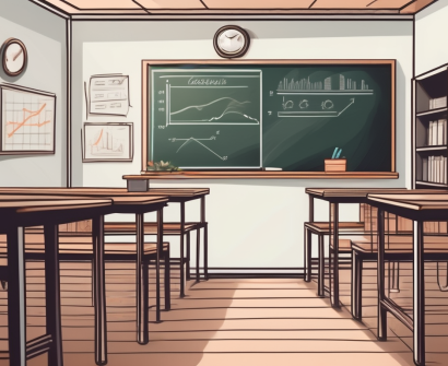 A classroom setting in thailand with a teacher's desk