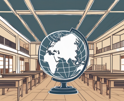 A traditional indonesian school building with a globe in the background