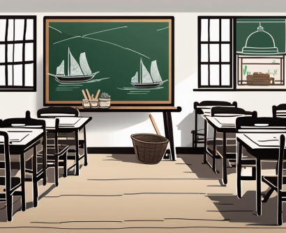 A traditional vietnamese classroom setting with a chalkboard