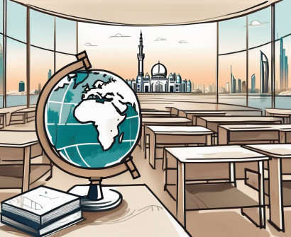 A classroom setting with iconic dubai landmarks in the background
