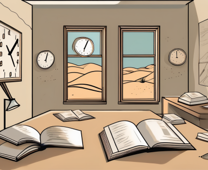 A classroom setting with scattered teaching materials and a clock showing late hours