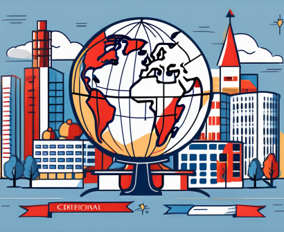 A globe with various international school buildings around it