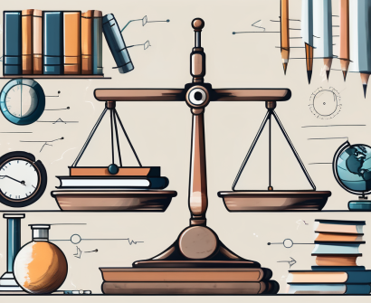 A balanced scale with different educational tools (like books