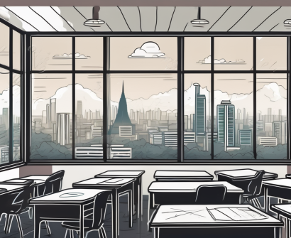 A classroom with various international symbols