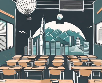 A classroom setting with iconic hong kong landmarks in the background
