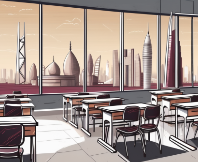 A classroom setting with a chalkboard