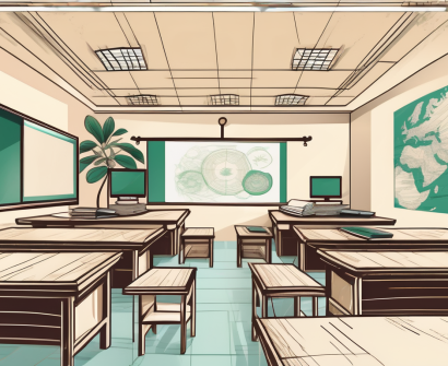 A classroom setting with modern educational tools such as computers and books