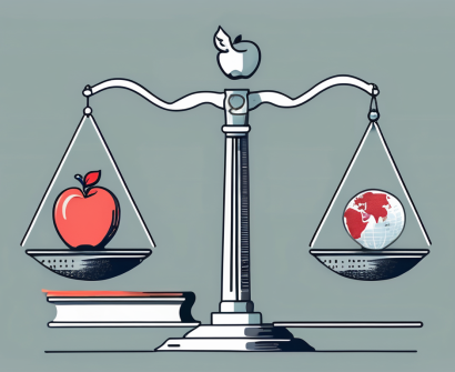 A balance scale with one side holding a symbolic representation of singapore (like the merlion or marina bay sands) and the other side holding symbols of teaching elements (like an apple
