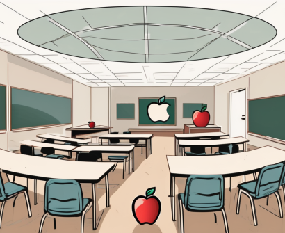 A classroom setting with empty desks arranged in a circle