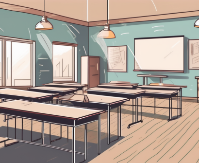 A classroom with english textbooks on the desks