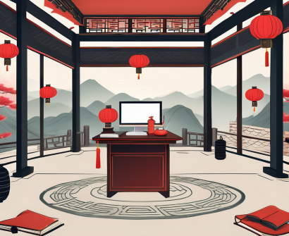 A traditional chinese classroom setting with an empty teacher's desk