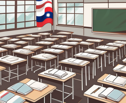 A diverse array of national flags arranged around a classroom setting