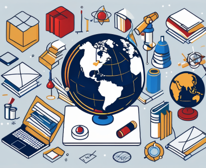 A globe surrounded by different symbols of education like books