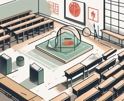 A classroom setting with symbols representing china