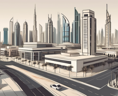 A typical upscale dubai cityscape with a school building in the foreground