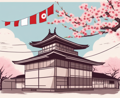 A traditional japanese school building with international flags fluttering around it