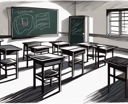 A dimly lit classroom with a few empty desks