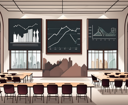 A classroom with a blackboard showing various financial graphs and charts