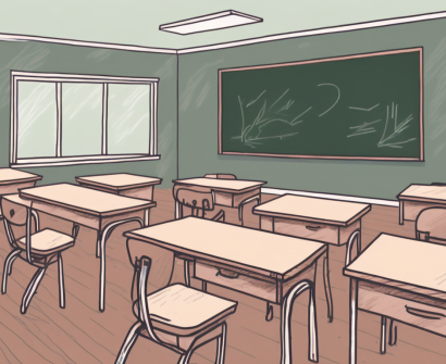 A classroom setting with empty chairs and desks
