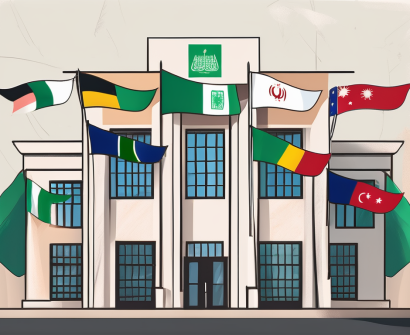 An international school building in saudi arabia with a variety of global flags waving in the wind