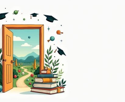 An open door leading to a vibrant landscape filled with diverse educational symbols