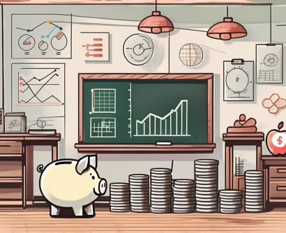 A classroom setting in hong kong with various symbols of savings like piggy banks