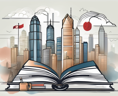 A symbolic representation of hong kong's skyline with elements of traditional and modern education tools