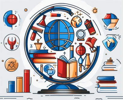 A globe with various educational icons like books