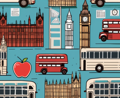 A classroom setting in the uk with iconic british elements like a double-decker bus and big ben in the background