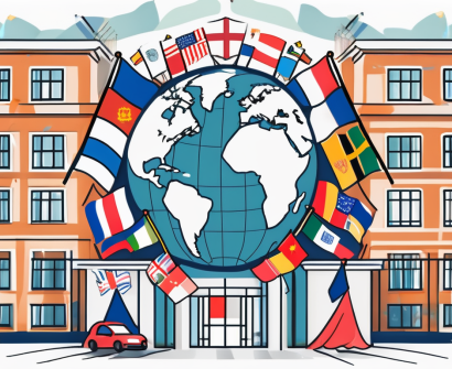 Riga international school's exterior surrounded by various educational symbols like books