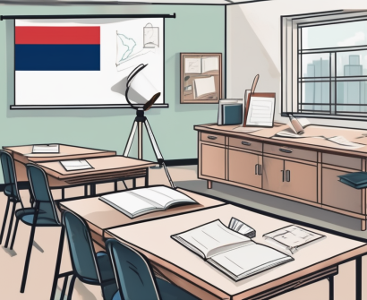 A classroom setting with various educational tools scattered around