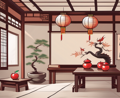 A traditional chinese classroom setting with various symbolic cultural elements like lanterns