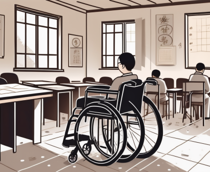 A traditional vietnamese schoolhouse with symbols of special education needs like a wheelchair