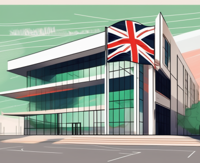 A modern school building with a saudi arabian flag fluttering in the wind and a symbolic representation of the english language