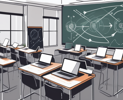 A classroom setting with desks