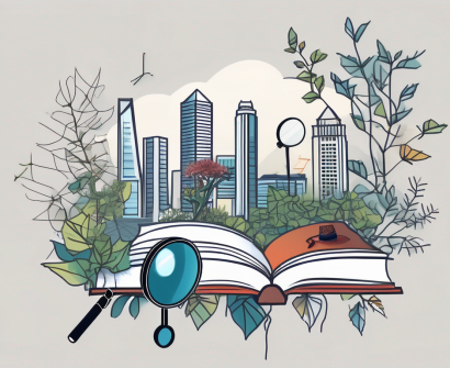 A symbolic singapore skyline with various educational symbols like books