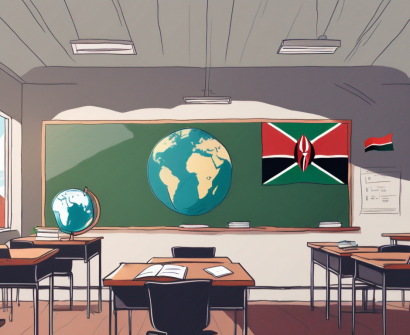 A classroom setting with international flags hanging on the walls