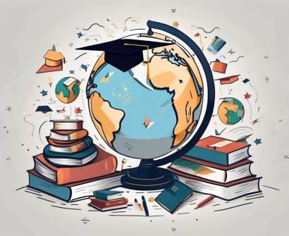 A globe with various educational symbols like books and graduation caps scattered around